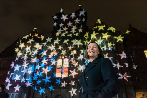 2211 Yorkshire Cancer Research Yorkshire Stars launch with a giant star projection on the Thackray Museum of Medicine